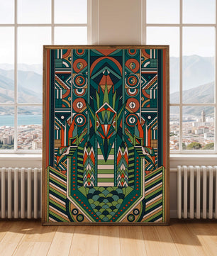 Design géométrique abstrait inspiré de l’Art déco avec des motifs symétriques et un motif animal