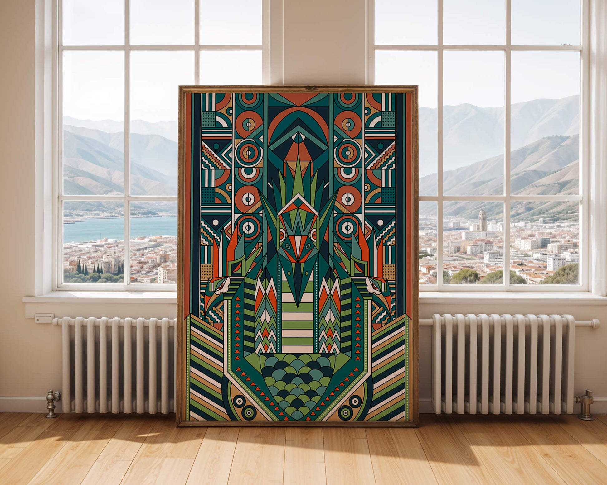 Art Deco Inspired Abstract Geometric Design with Symmetrical Patterns and Animal Motif