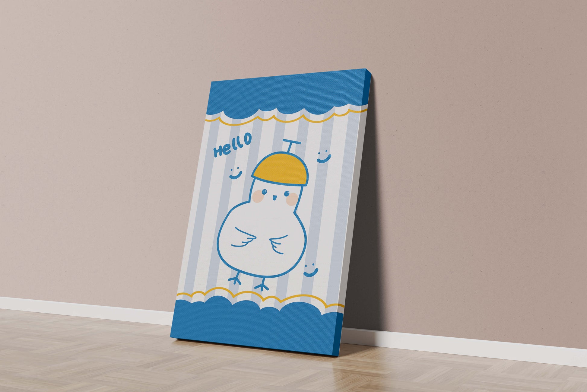 Cartoon bird illustration with cheerful design elements