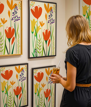 Bright Floral Illustration with Orange, Yellow, and Purple Flowers in Bold Colors