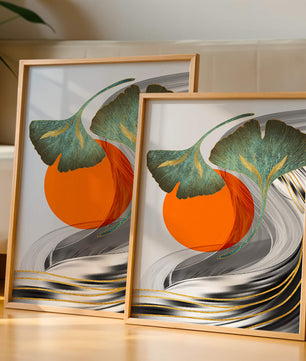 Hojas de Ginkgo abstractas con círculo naranja y ondas plateadas