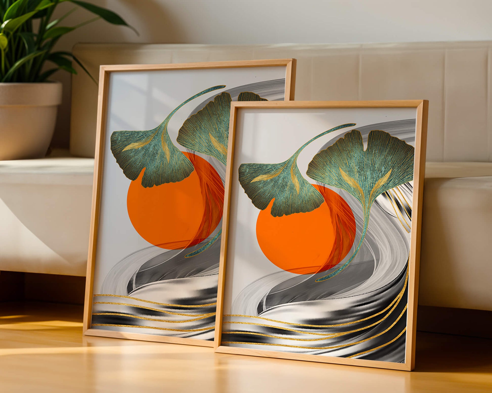 Hojas de Ginkgo abstractas con círculo naranja y ondas plateadas