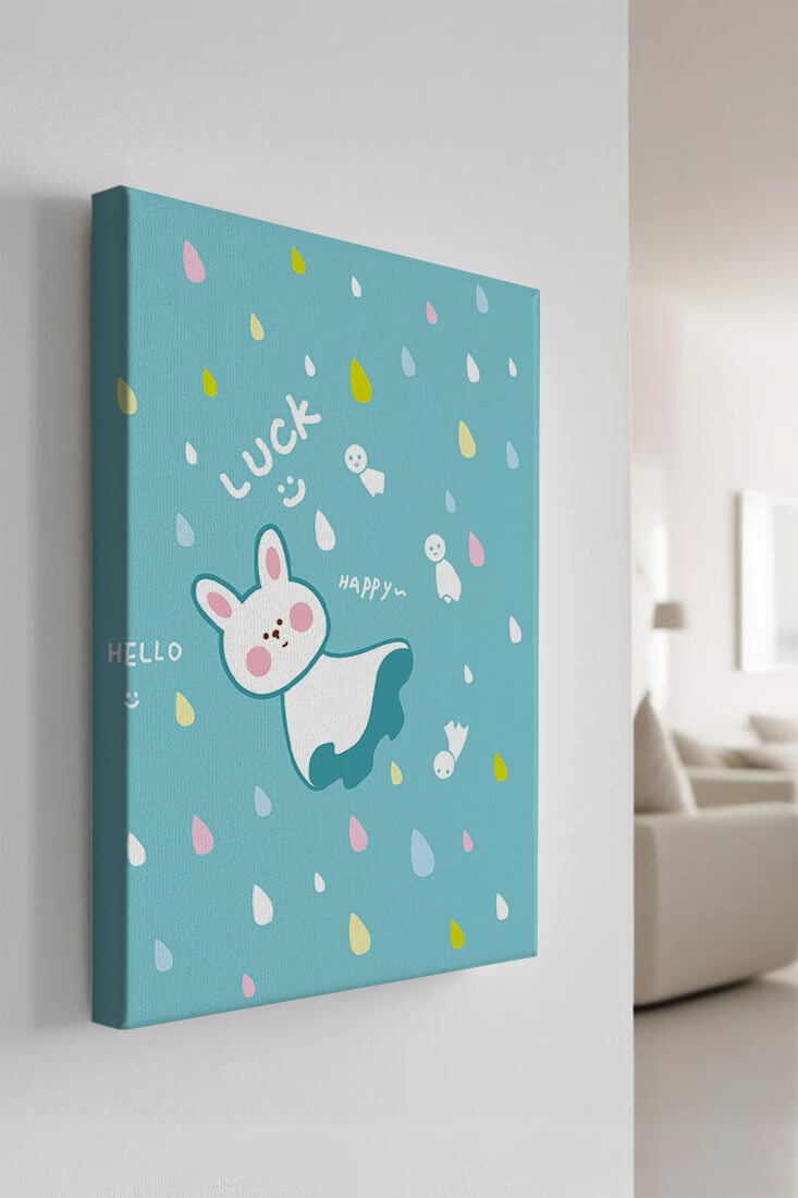 Adorable cartoon bunny with colorful drops on a blue background