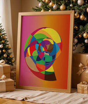 Vibrant abstract geometric shape with multicolored spiral on gradient background