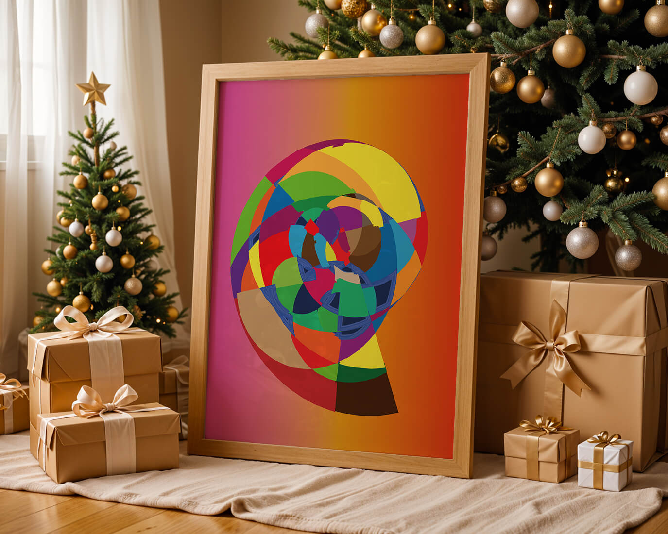 Vibrant abstract geometric shape with multicolored spiral on gradient background