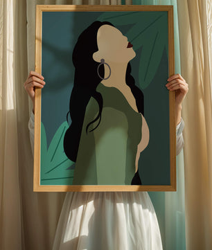 Stylized artwork of a woman with dark hair and earrings against a tropical leaf backdrop