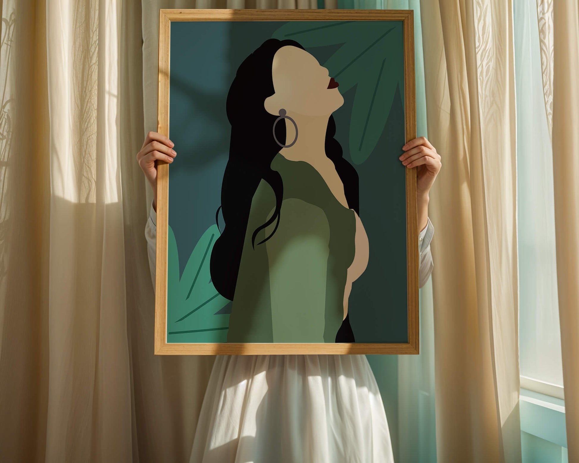 Stylized artwork of a woman with dark hair and earrings against a tropical leaf backdrop