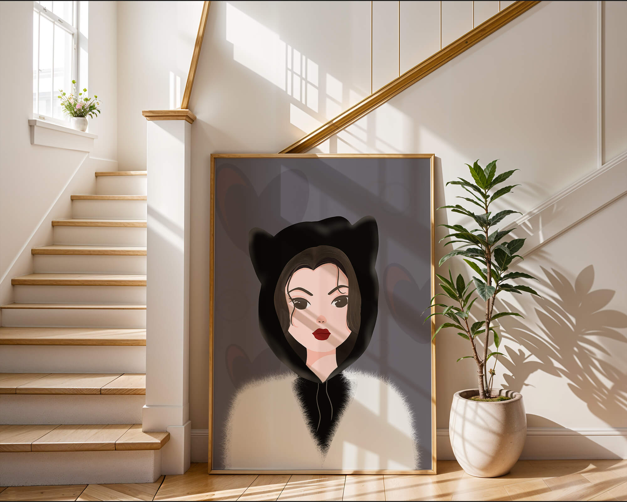 Illustration of a woman in a cat hoodie on a soft gray background