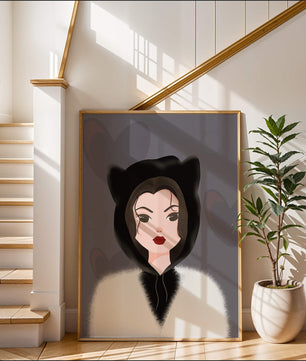 Illustration of a woman in a cat hoodie on a soft gray background