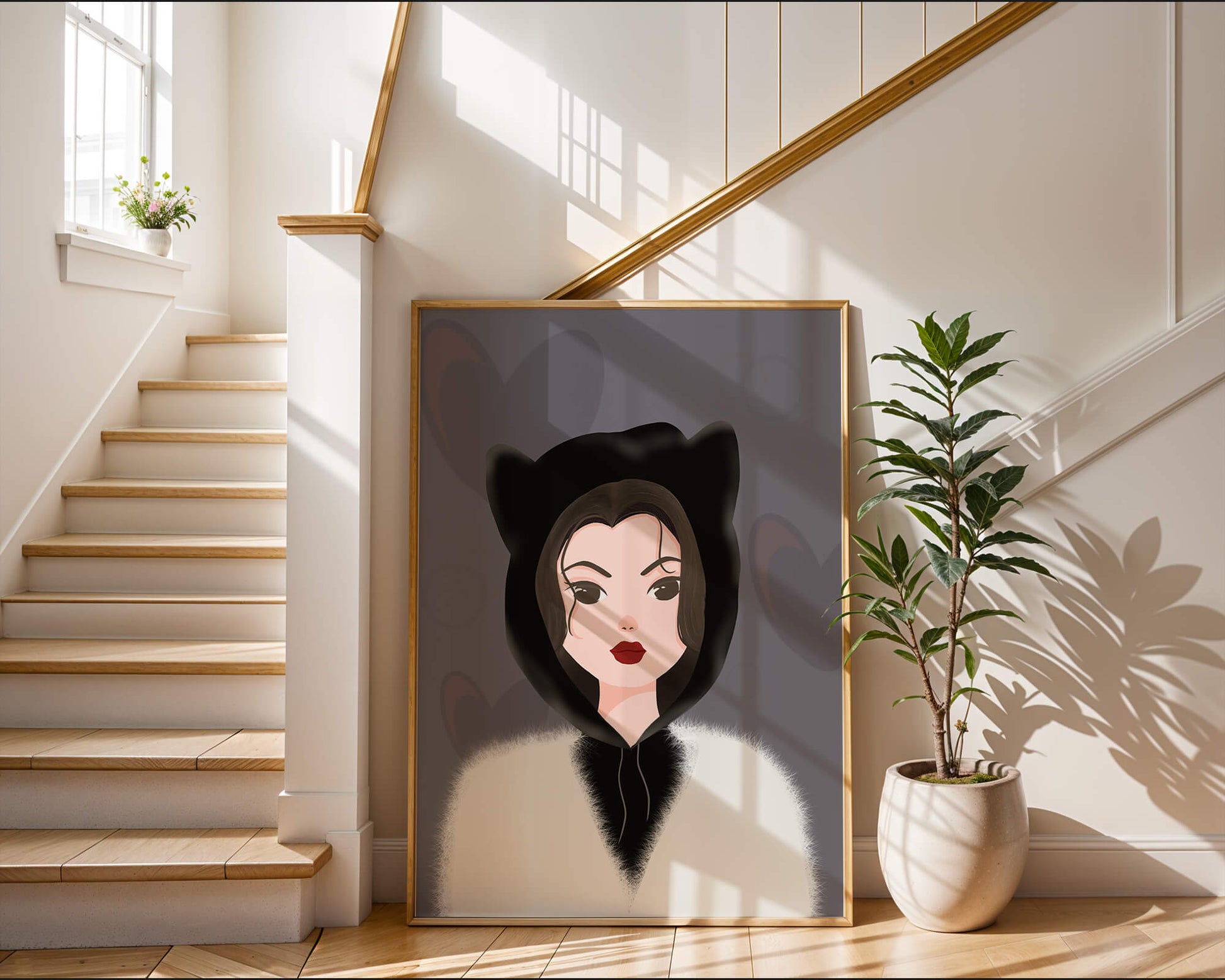 Illustration of a woman in a cat hoodie on a soft gray background