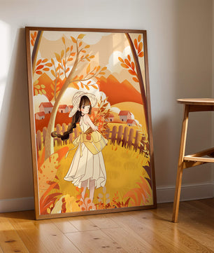 Illustration of a Girl in a Yellow Dress in Autumn Scenery