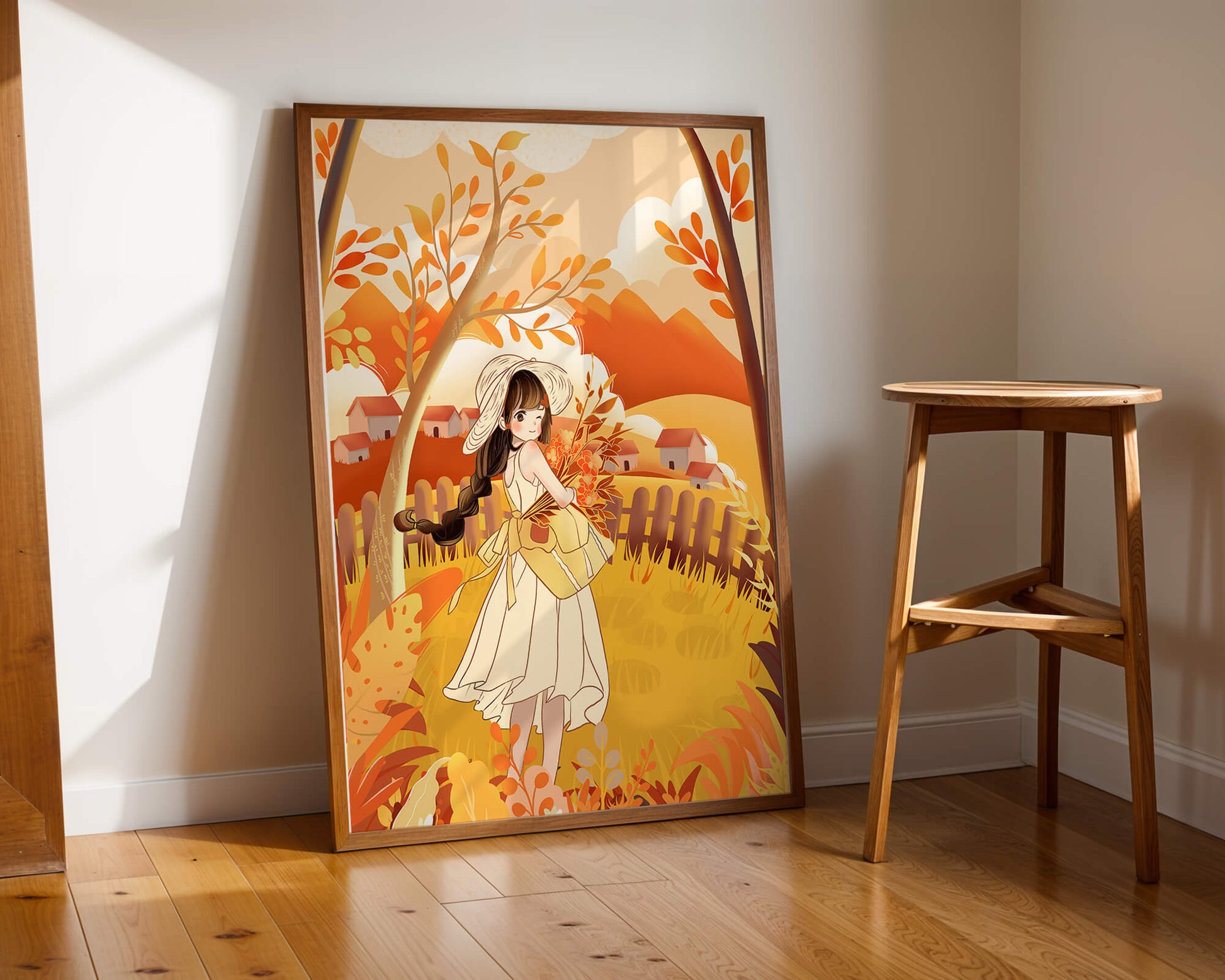 Illustration of a Girl in a Yellow Dress in Autumn Scenery