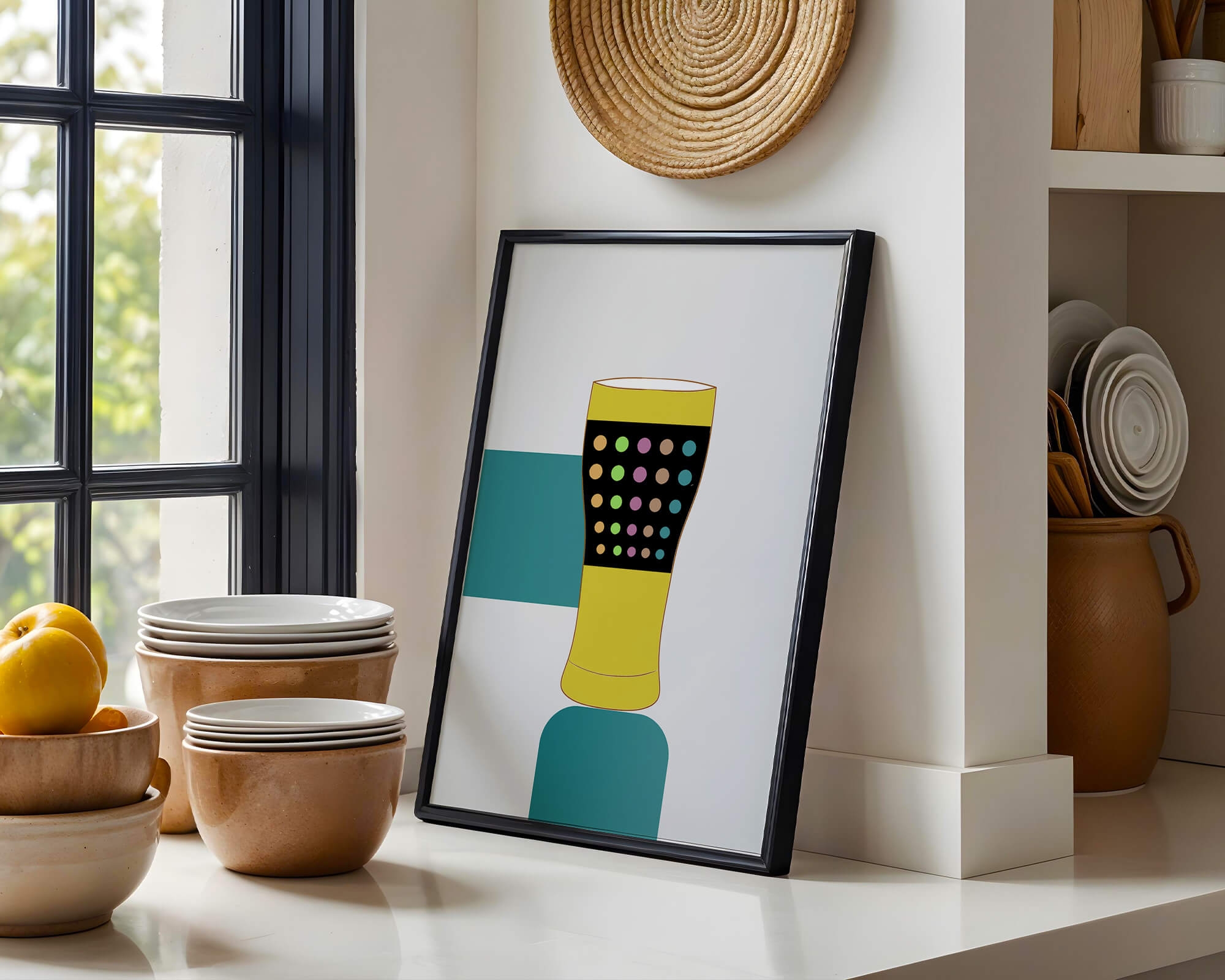 Colorful abstract illustration of a pint glass with dotted pattern