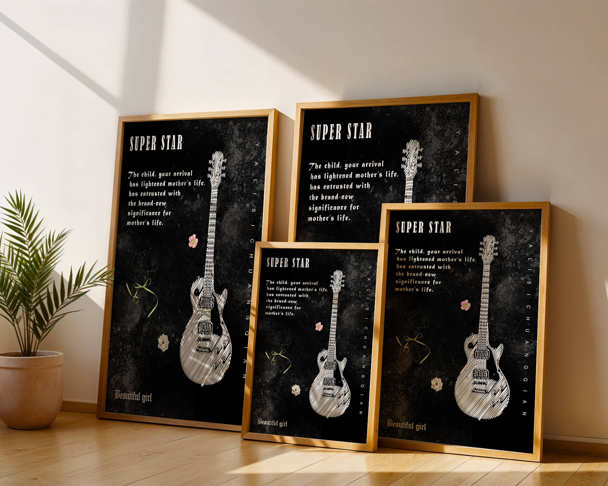Artistic black and white guitar illustration with heartfelt text