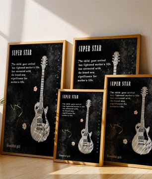 Ilustración de guitarra en blanco y negro artística con texto conmovedor