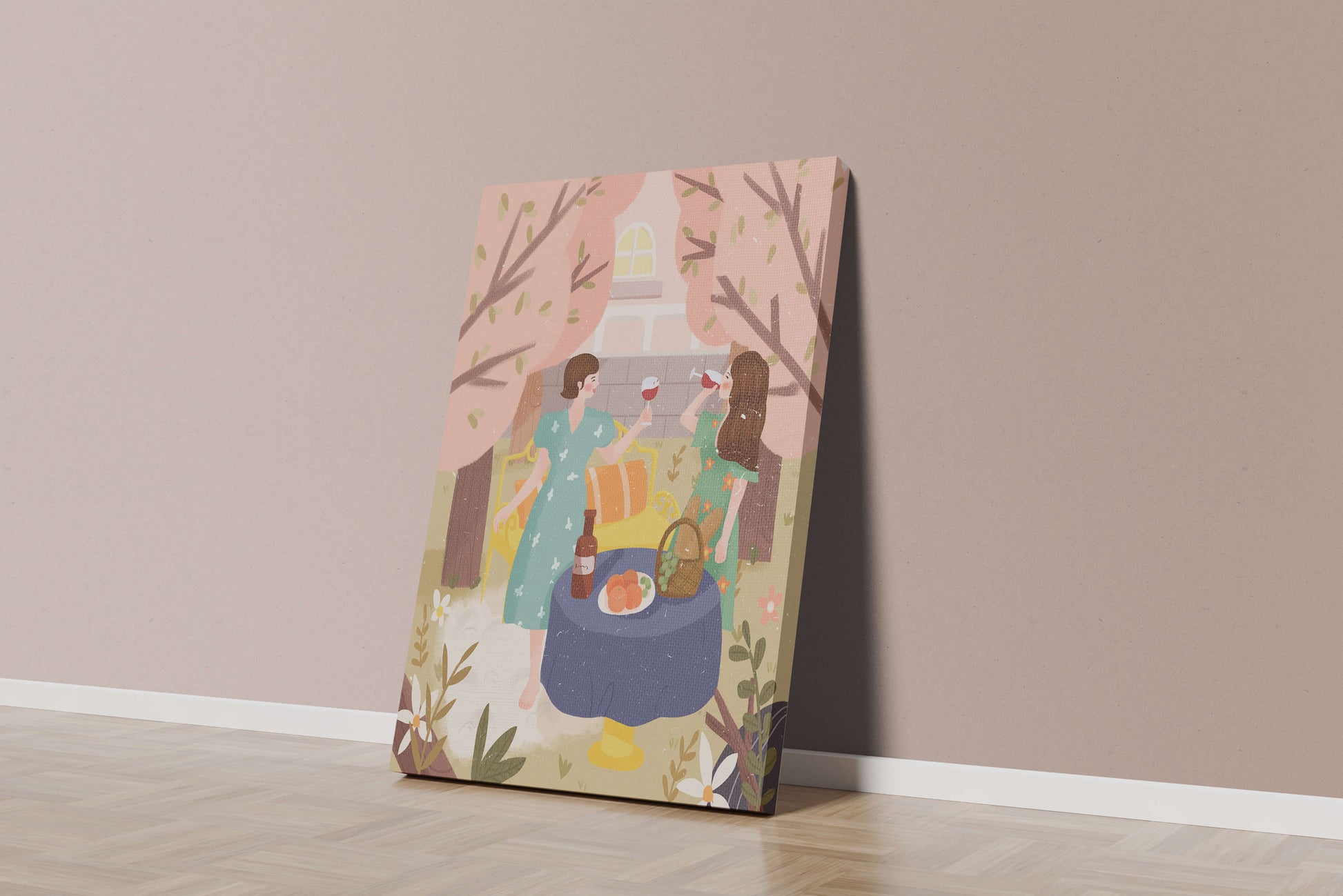 Reunión primaveral en el jardín con vino y frutas