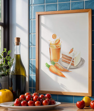 Illustration von Karottenkuchen und Saft mit frischen Karotten