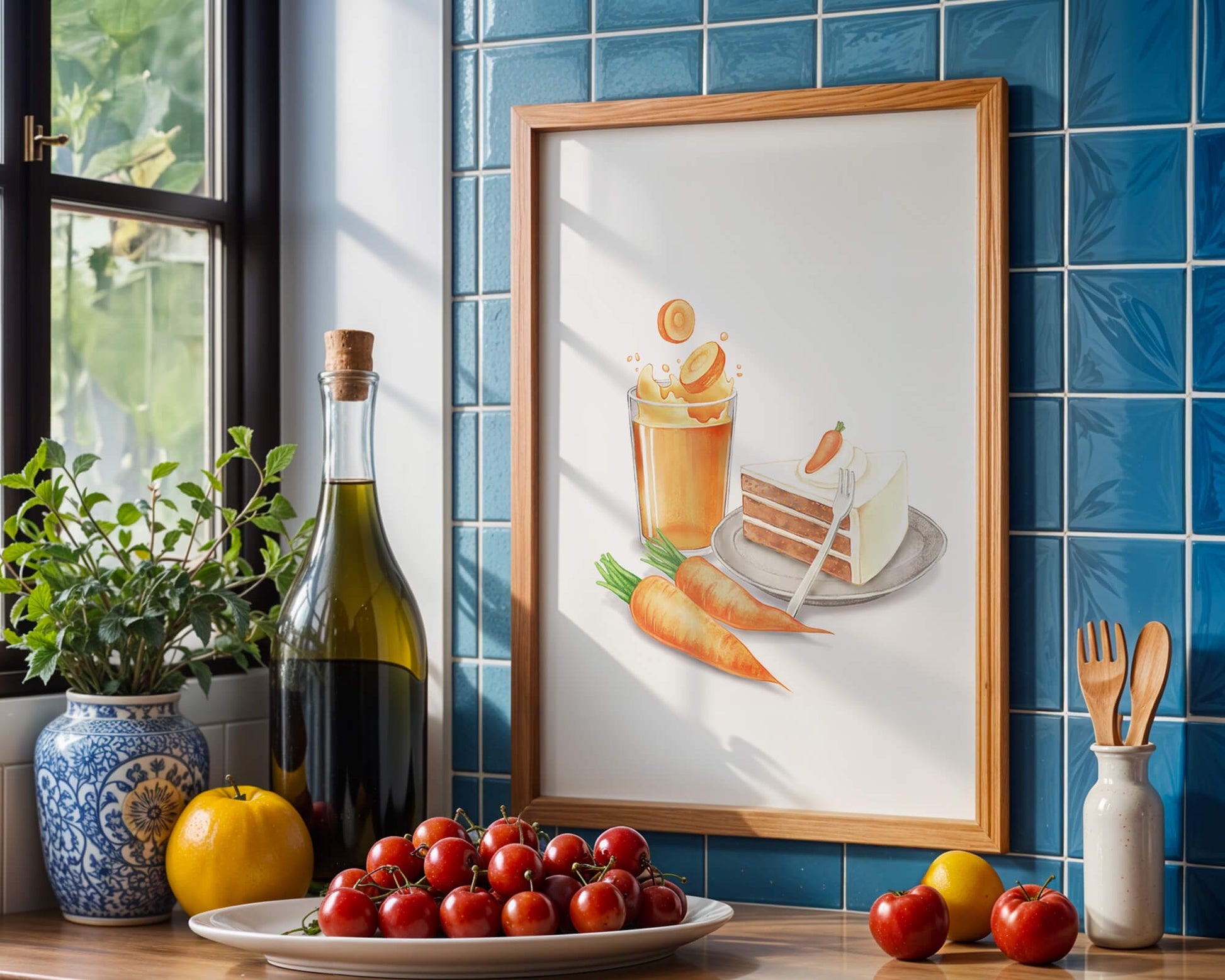 Illustration von Karottenkuchen und Saft mit frischen Karotten