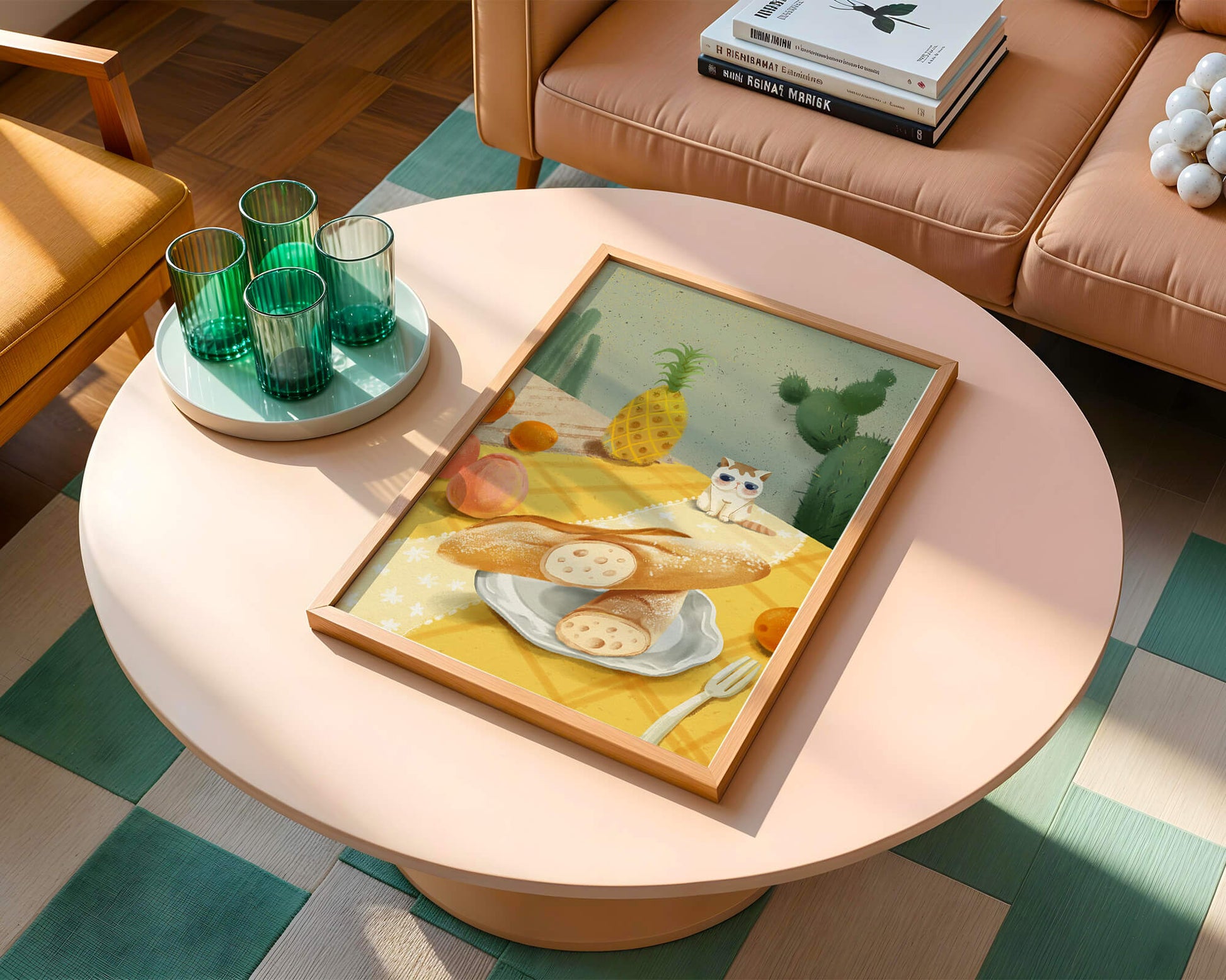 Gato con gafas de sol en un entorno tropical con baguettes y frutas