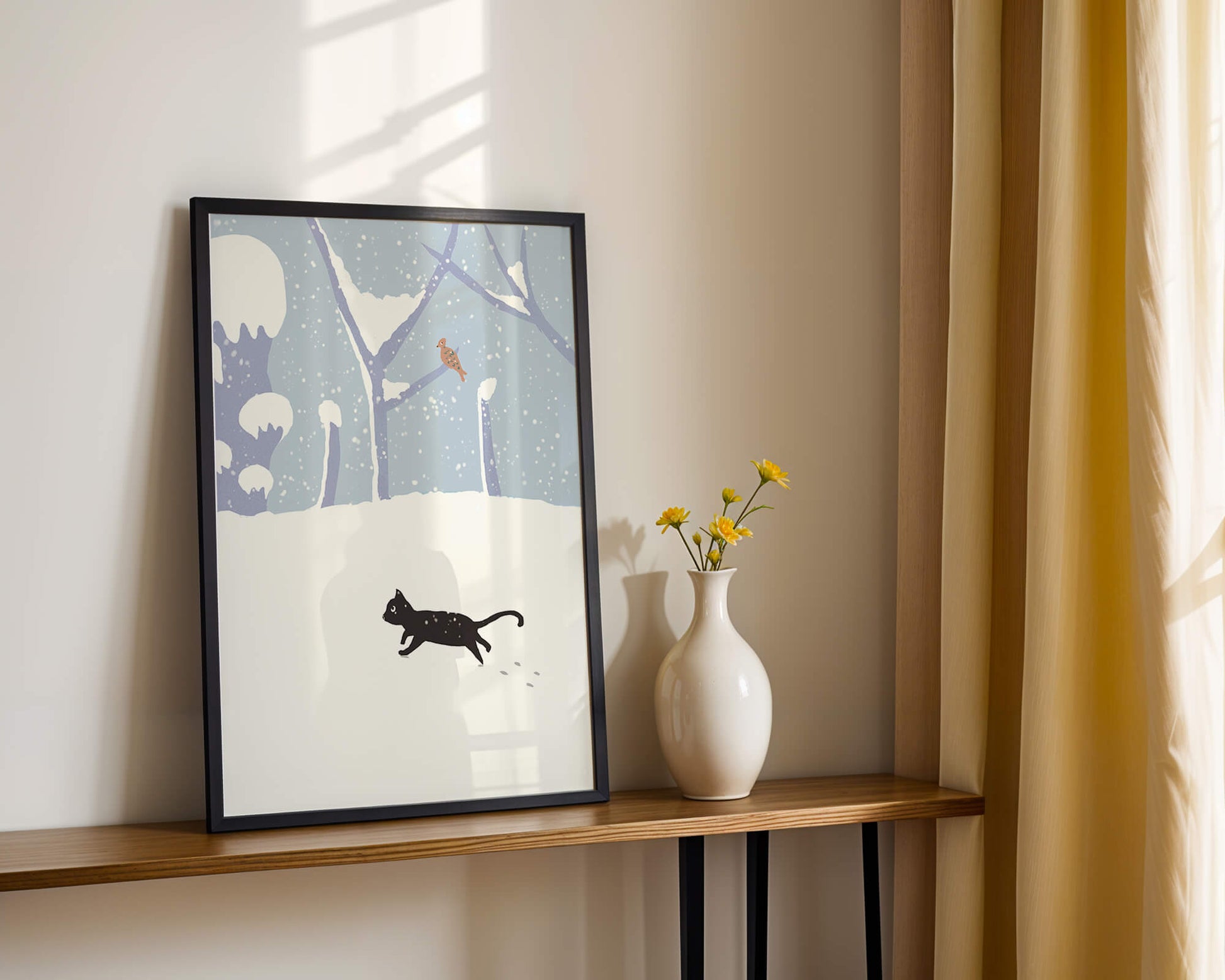 Illustrated snowy landscape with playful black cat and bird in winter scenery