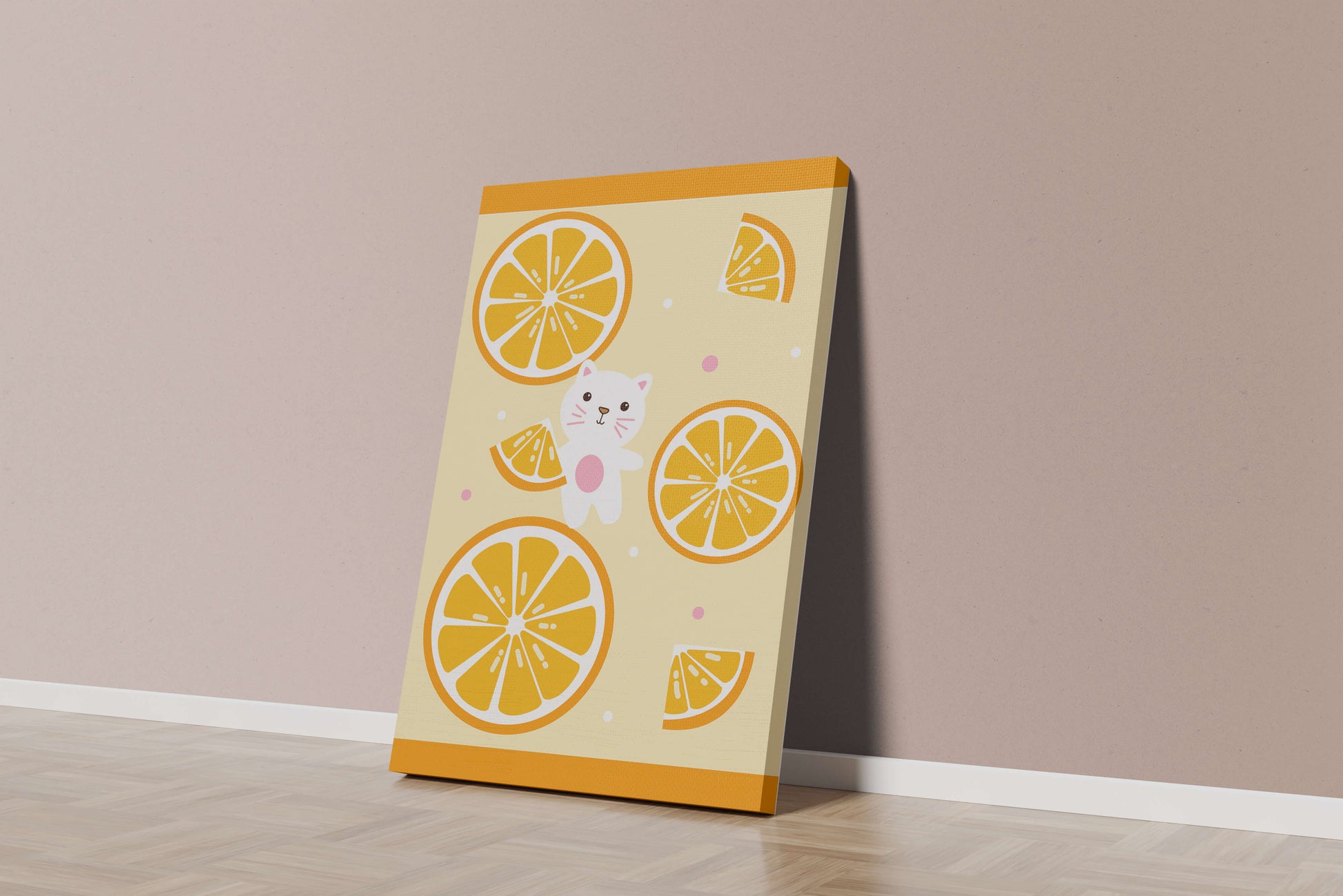 Illustration of a playful cat with orange slices on a colorful background