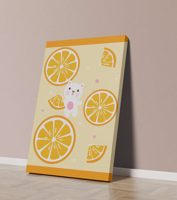 Illustration of a playful cat with orange slices on a colorful background