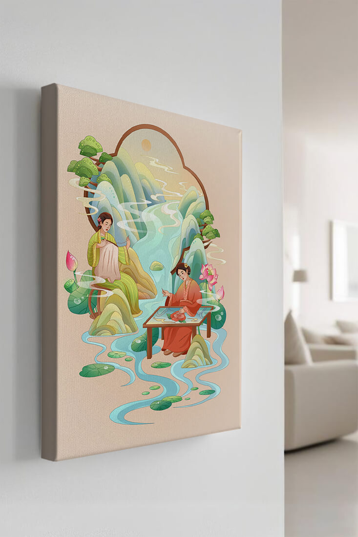 Serene water and nature scene with people in traditional attire