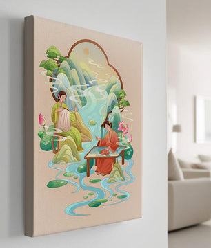 Scène d'eau sereine et de nature avec des personnes en tenue traditionnelle
