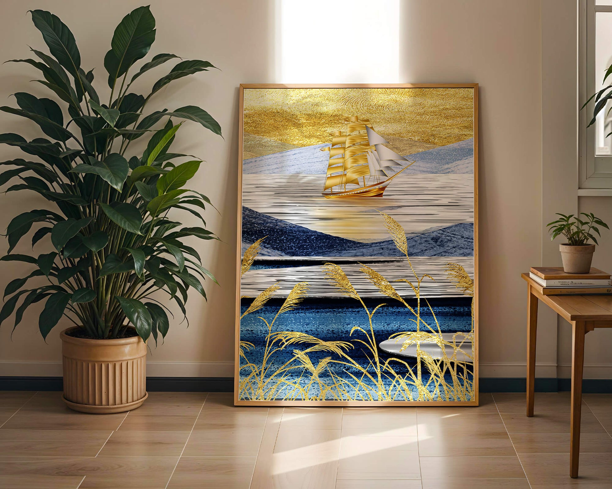 Golden Sailboat on Blue and Gold Landscape