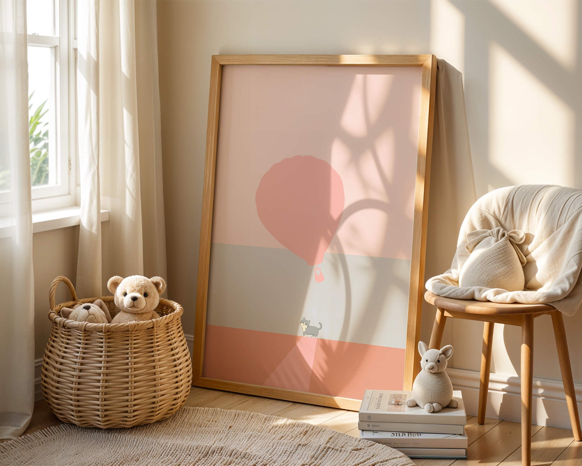 Cat in Minimalist Landscape with Hot Air Balloon