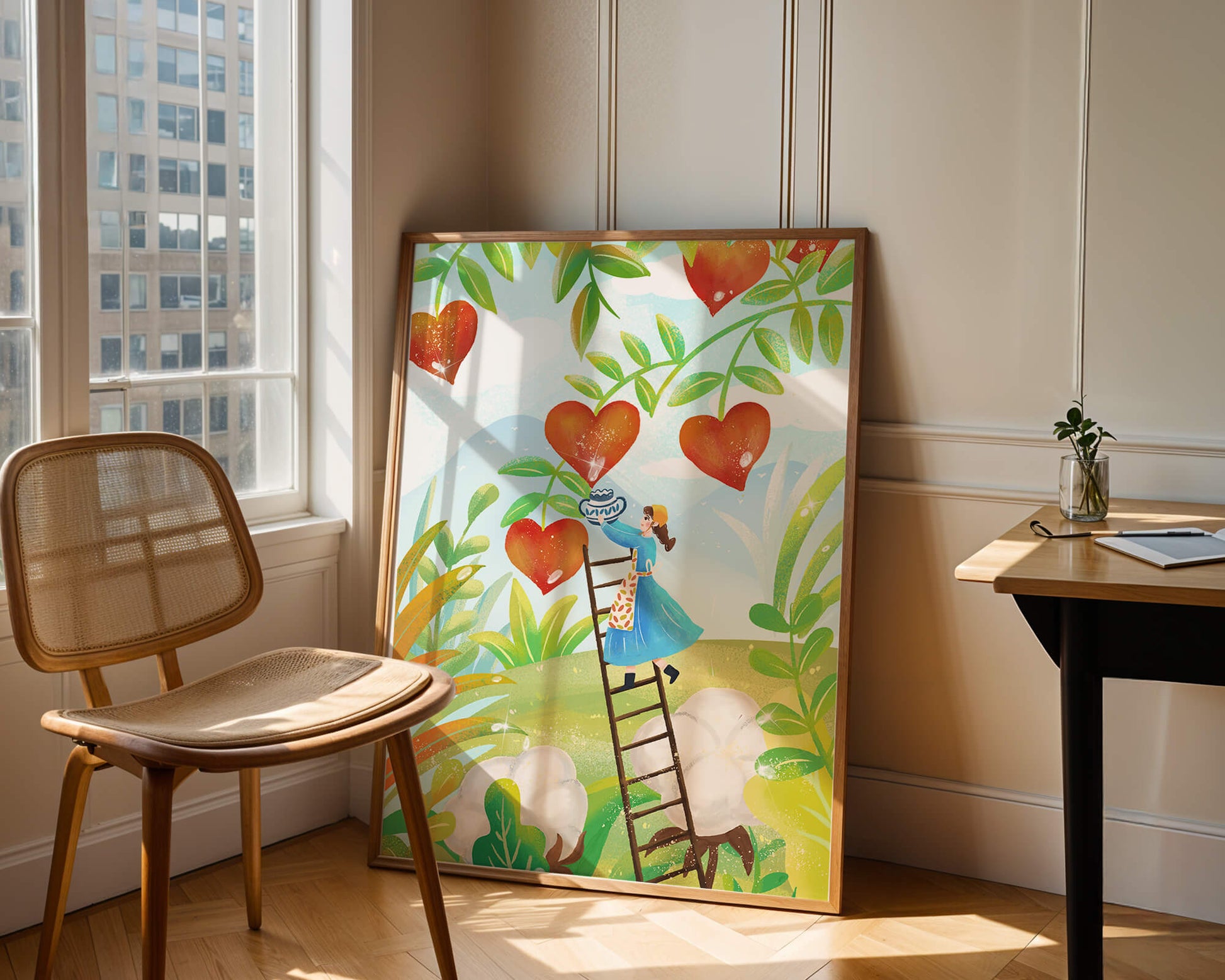 Mujer recolectando frutas en forma de corazón en el vibrante campo