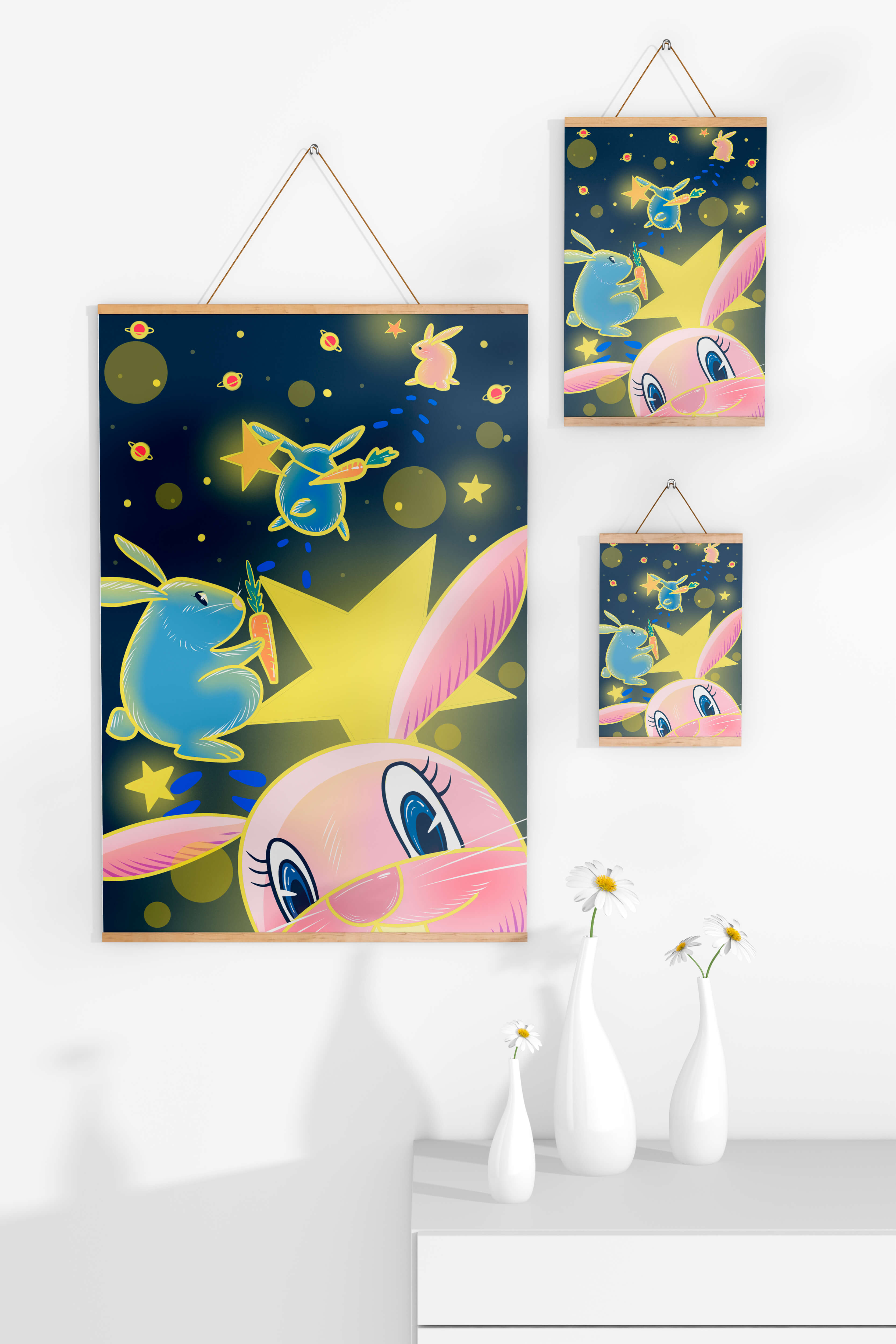 Playful bunnies with carrots and stars in a whimsical space scene