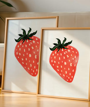 Illustrative design of a vibrant red strawberry with green leaves