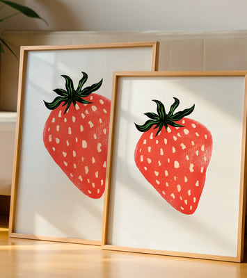 Illustrative design of a vibrant red strawberry with green leaves