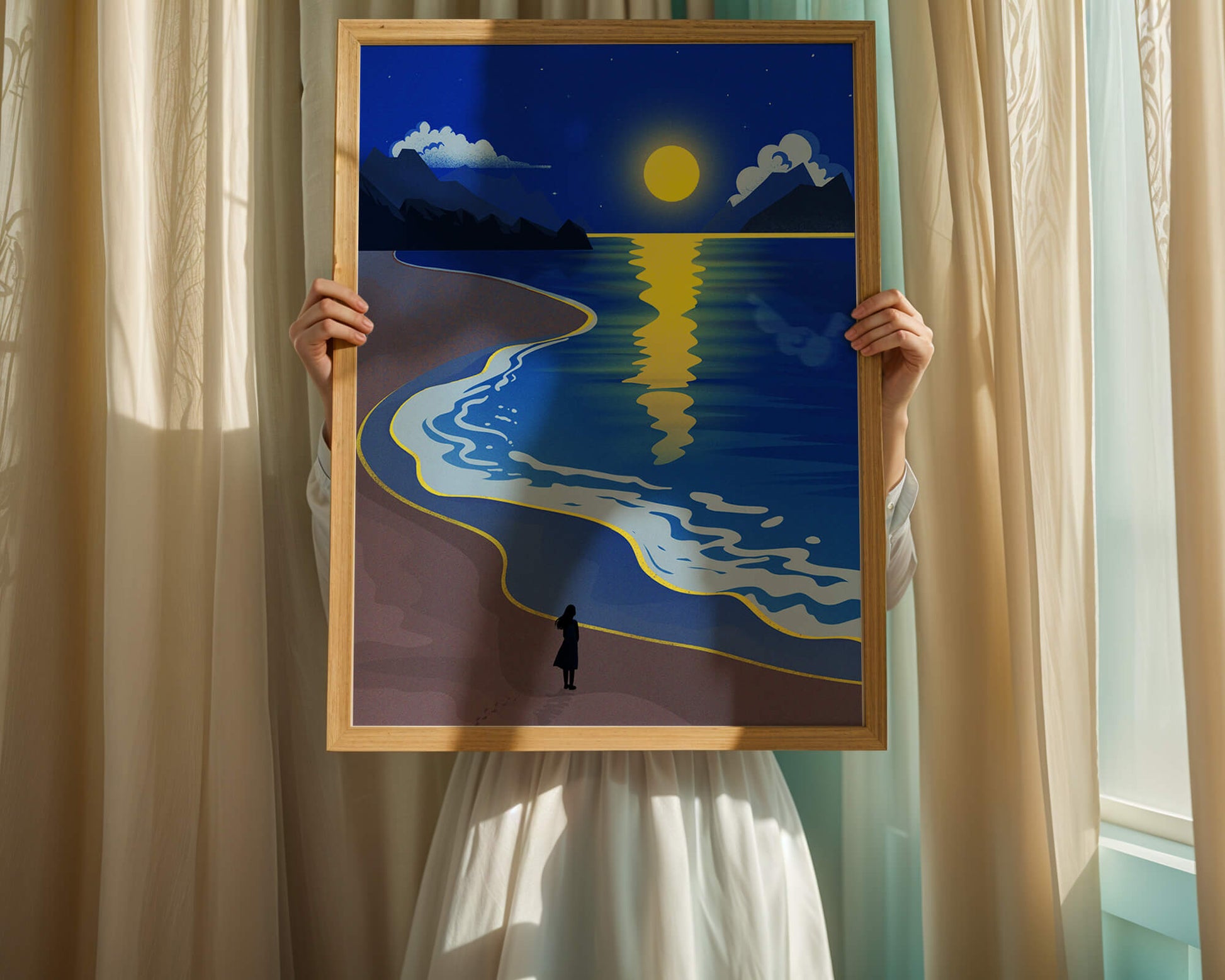 Moonlit Beach with Mountains and Reflections Under Night Sky