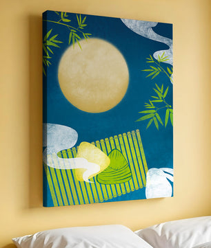Moonlit night with bamboo and dumplings on a mat