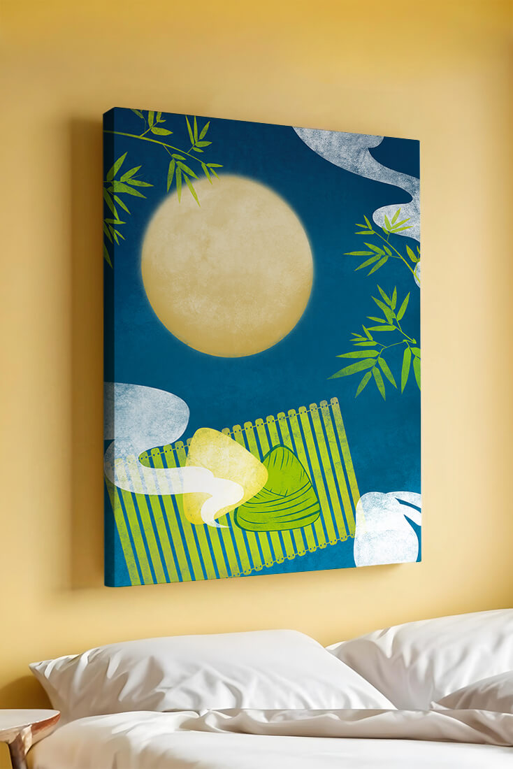 Moonlit night with bamboo and dumplings on a mat