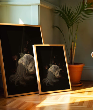 Abstract depiction of a figure surrounded by floral elements