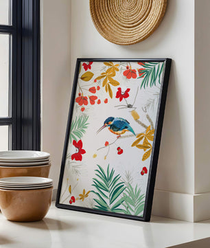 Oiseaux et feuillages colorés dans un décor botanique tropical