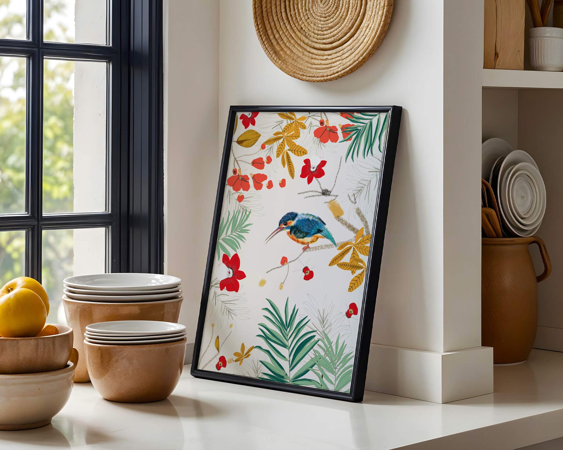 Oiseaux et feuillages colorés dans un décor botanique tropical