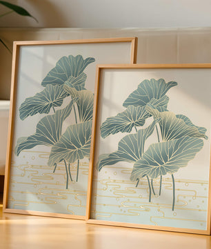 Elegant botanical illustration featuring large leaves with golden accents