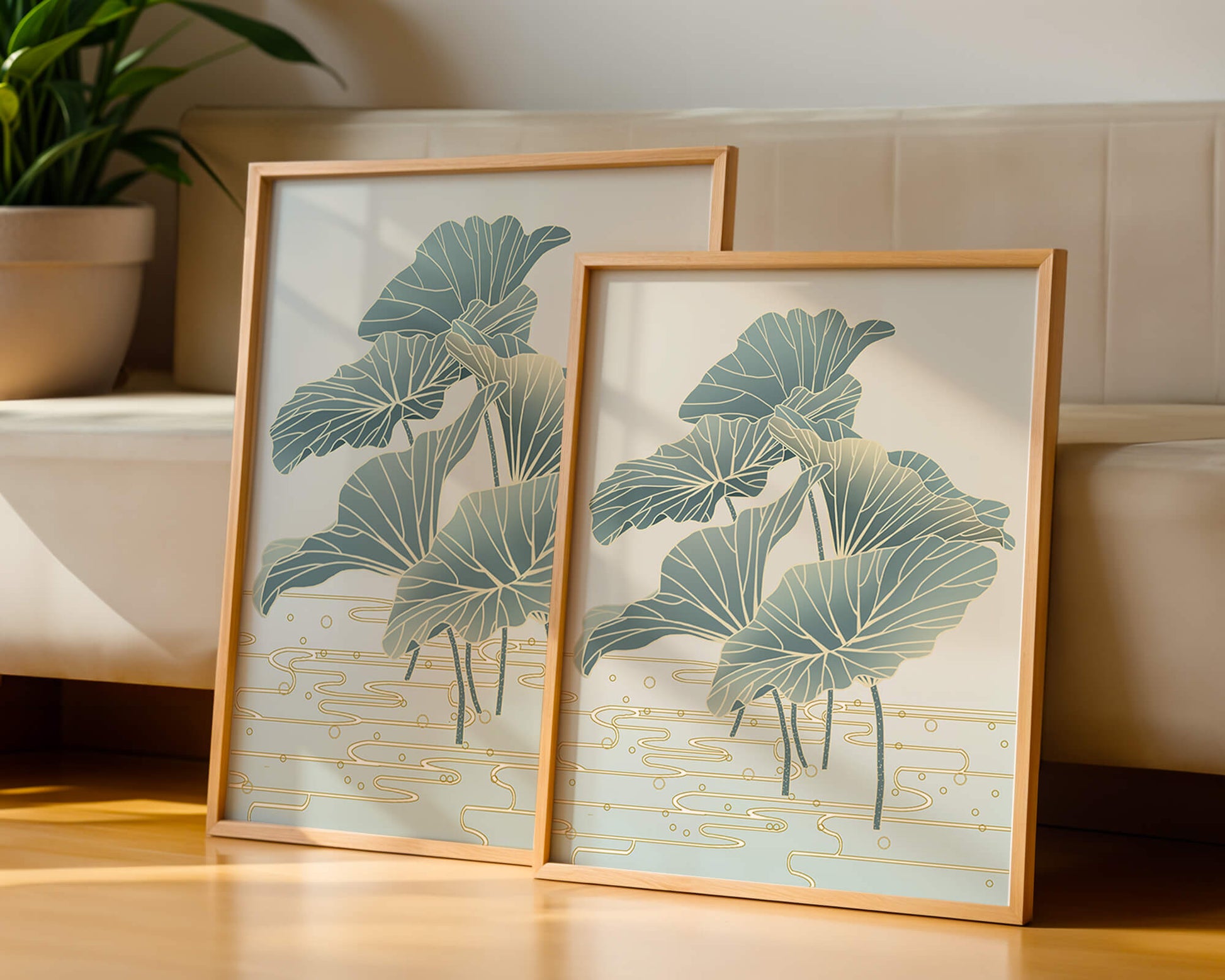 Elegant botanical illustration featuring large leaves with golden accents