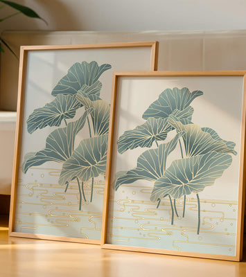 Elegant botanical illustration featuring large leaves with golden accents
