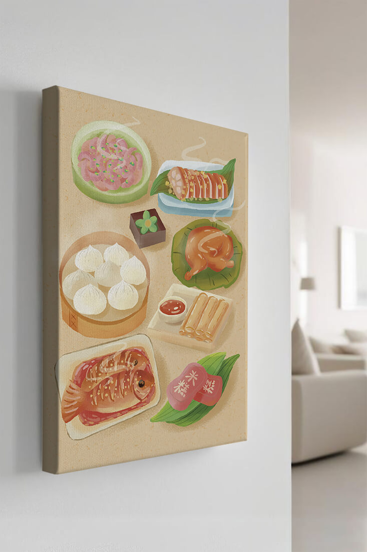 Colorful Representation of Asian Cuisine with Various Dishes