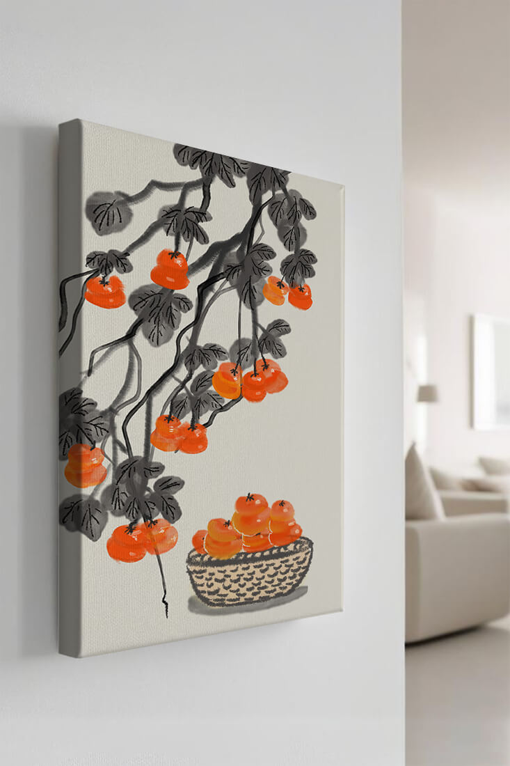 Artistic depiction of hanging persimmons with basket on watercolor canvas