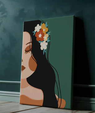 Elegante Illustration einer Frau mit floralem Haarteil
