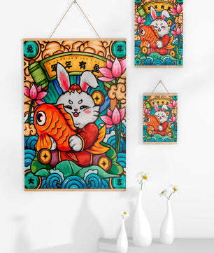 Festive rabbit holding golden fish with lotus flowers and waves in a traditional design