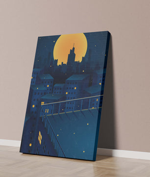 Stadtdach bei Nacht mit beleuchteten Fenstern und Vollmond