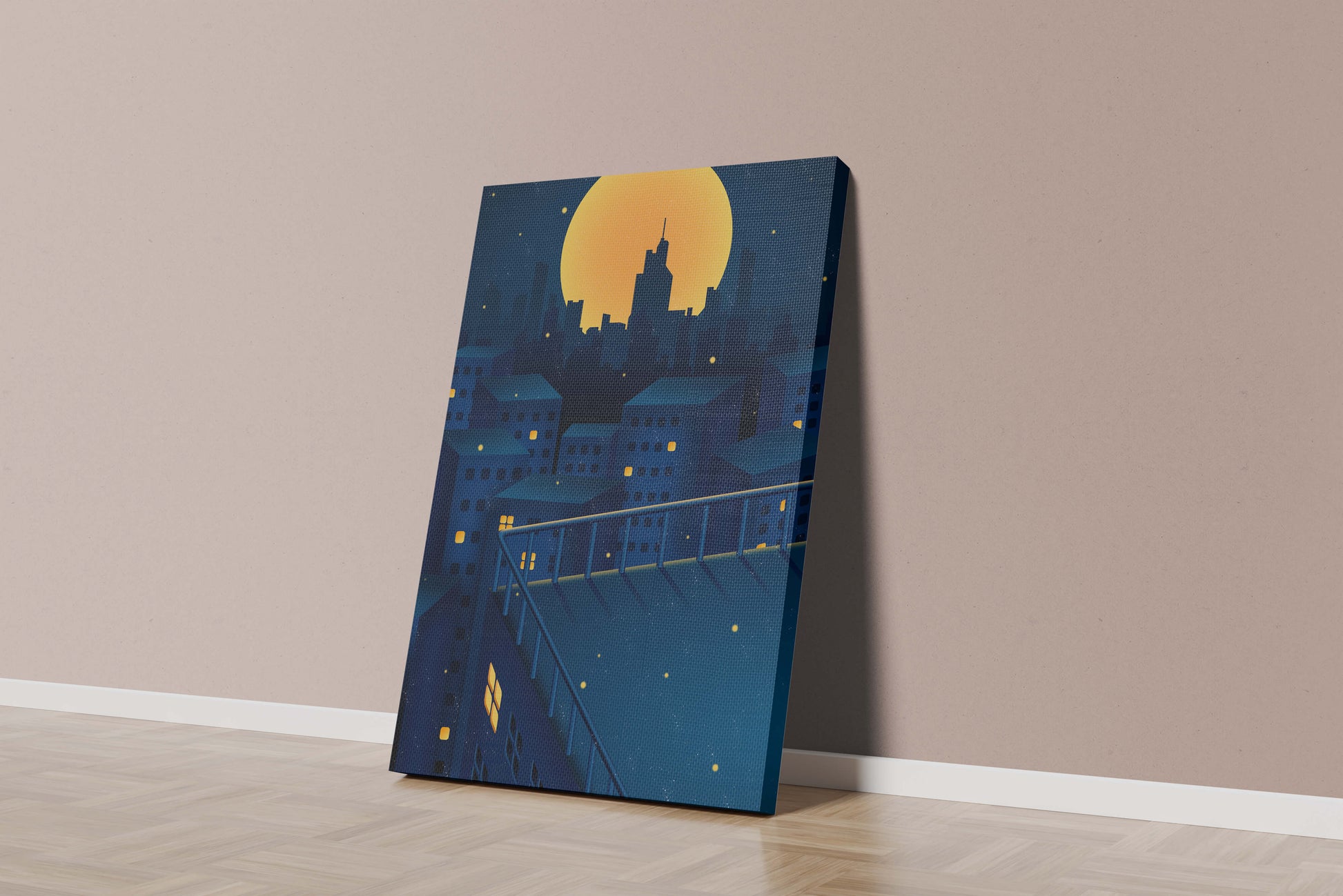 City Rooftop at Night with Illuminated Windows and Full Moon