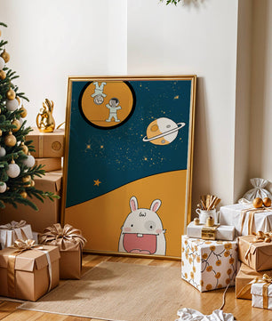 Playful Cartoon of Astronauts and Rabbit with Planet and Stars - Mi tienda